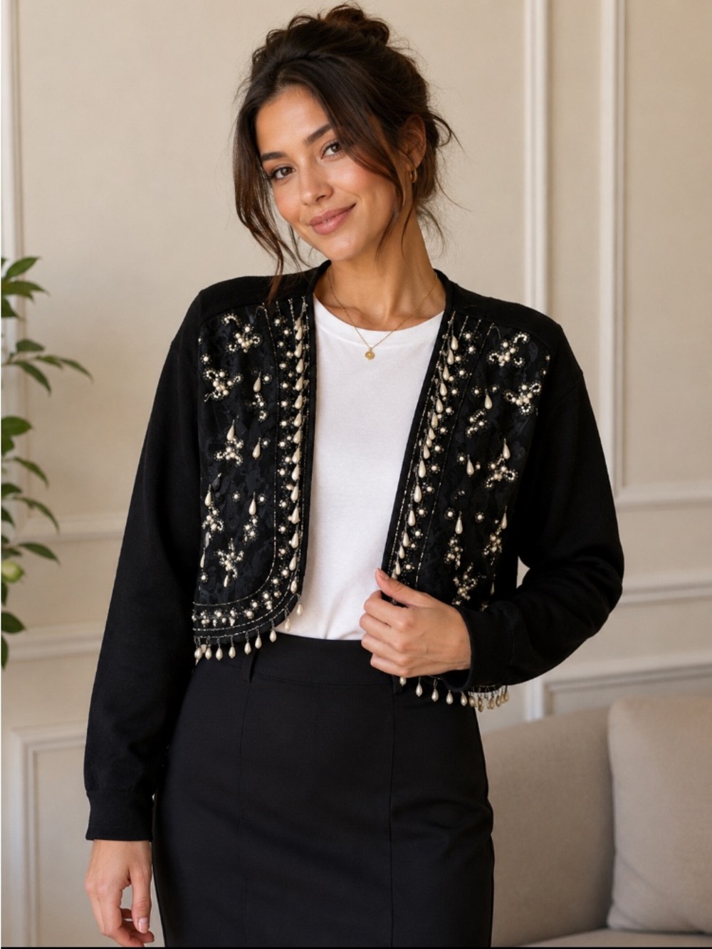 JouJou  Black Beaded Pearl Embellished Cropped Open Front Jacket Size L